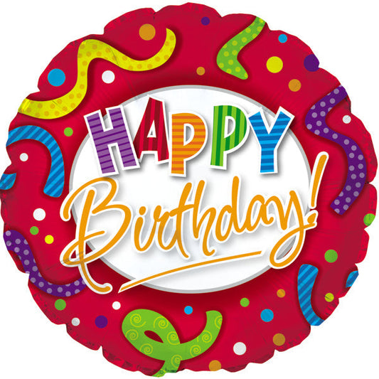 18" Happy Birthday Red, Stripes & Dots Balloon